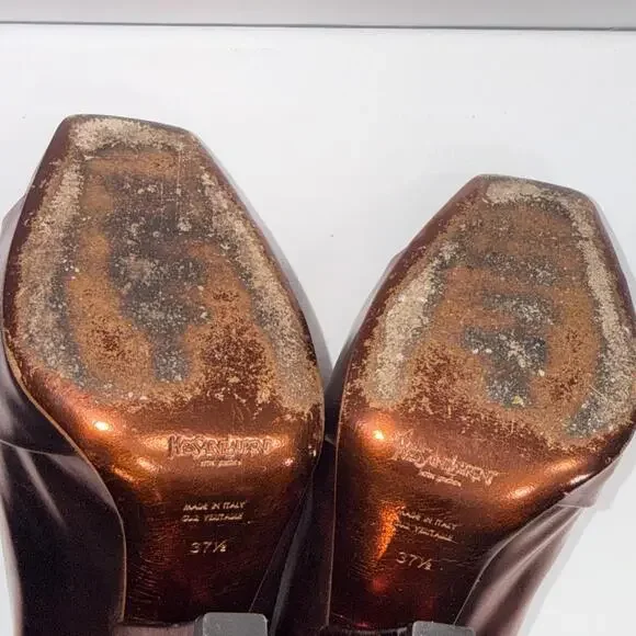 Yves Saint Laurent YSL Basket Orange Bronze Leather Designer Heels Sandals 37.5 - Picture 14 of 15